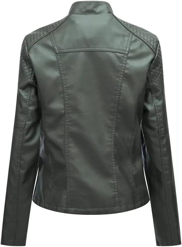 Women's Faux Leather Motorcycle Jacket Casual Fashion Lapel Zip Up Solid Color PU Cropped Biker Coat with Pockets