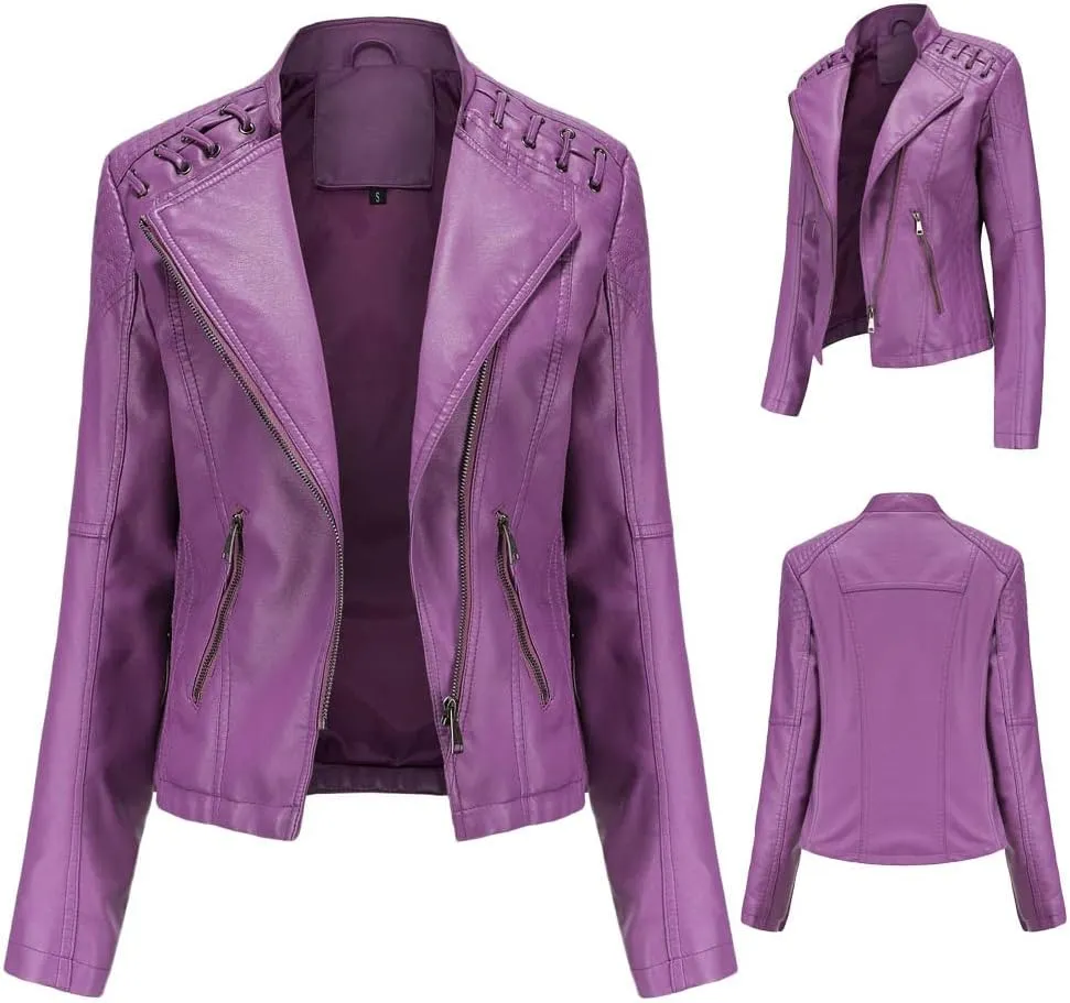 Women's Faux Leather Motorcycle Jacket Casual Fashion Lapel Zip Up Solid Color PU Cropped Biker Coat with Pockets