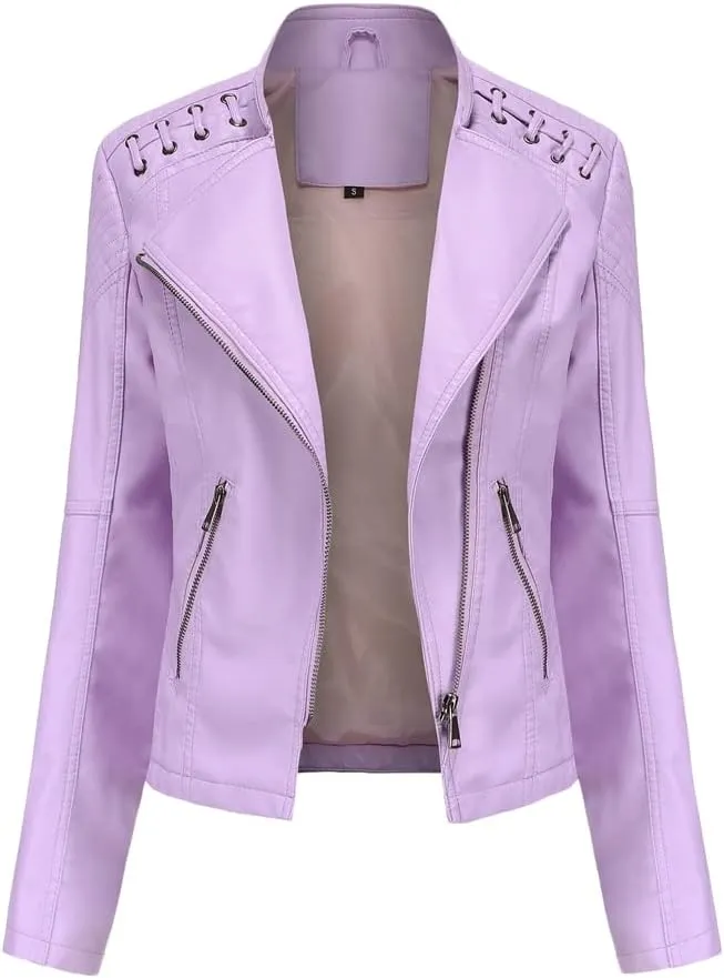 Women's Faux Leather Motorcycle Jacket Casual Fashion Lapel Zip Up Solid Color PU Cropped Biker Coat with Pockets