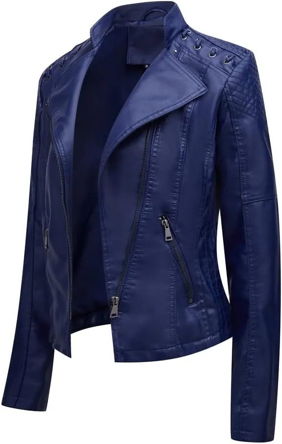 Women's Faux Leather Motorcycle Jacket Casual Fashion Lapel Zip Up Solid Color PU Cropped Biker Coat with Pockets