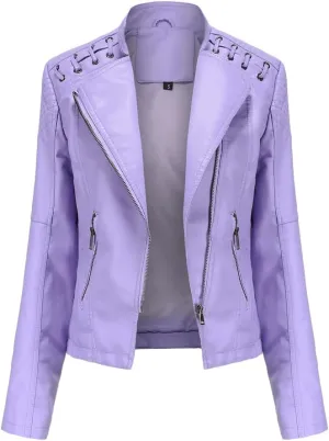 Women's Faux Leather Motorcycle Jacket Casual Fashion Lapel Zip Up Solid Color PU Cropped Biker Coat with Pockets