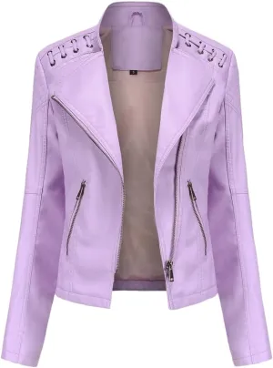 Women's Faux Leather Motorcycle Jacket Casual Fashion Lapel Zip Up Solid Color PU Cropped Biker Coat with Pockets