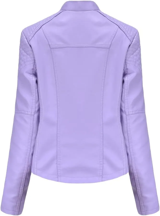 Women's Faux Leather Motorcycle Jacket Casual Fashion Lapel Zip Up Solid Color PU Cropped Biker Coat with Pockets