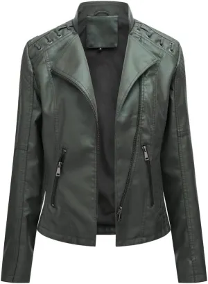 Women's Faux Leather Motorcycle Jacket Casual Fashion Lapel Zip Up Solid Color PU Cropped Biker Coat with Pockets