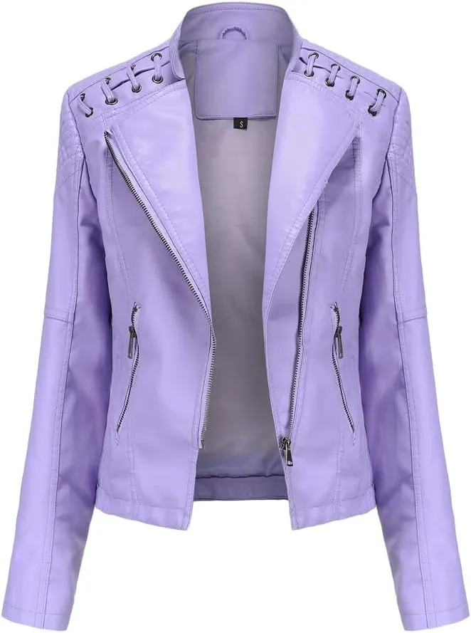 Women's Faux Leather Motorcycle Jacket Casual Fashion Lapel Zip Up Solid Color PU Cropped Biker Coat with Pockets