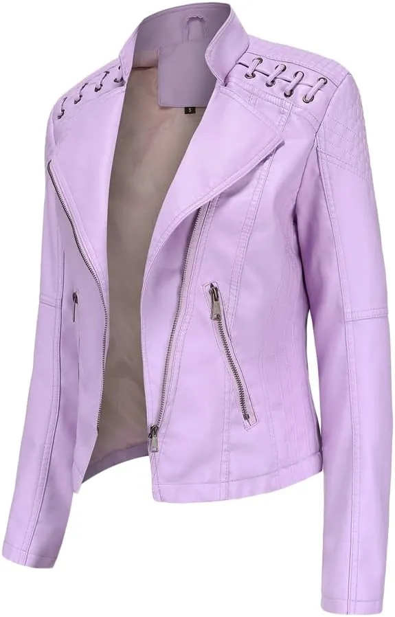 Women's Faux Leather Motorcycle Jacket Casual Fashion Lapel Zip Up Solid Color PU Cropped Biker Coat with Pockets