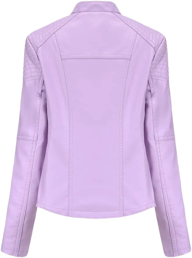 Women's Faux Leather Motorcycle Jacket Casual Fashion Lapel Zip Up Solid Color PU Cropped Biker Coat with Pockets