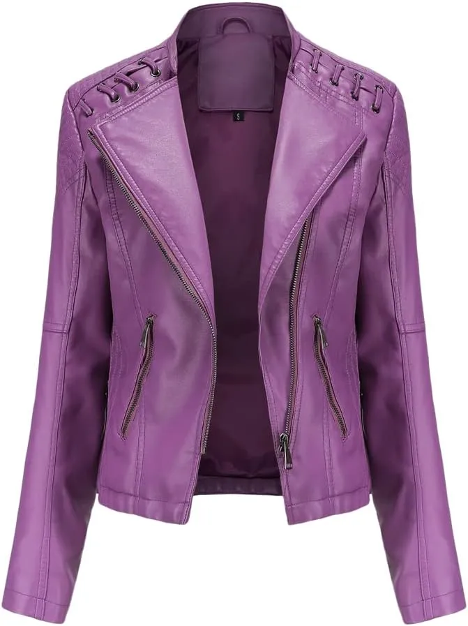 Women's Faux Leather Motorcycle Jacket Casual Fashion Lapel Zip Up Solid Color PU Cropped Biker Coat with Pockets