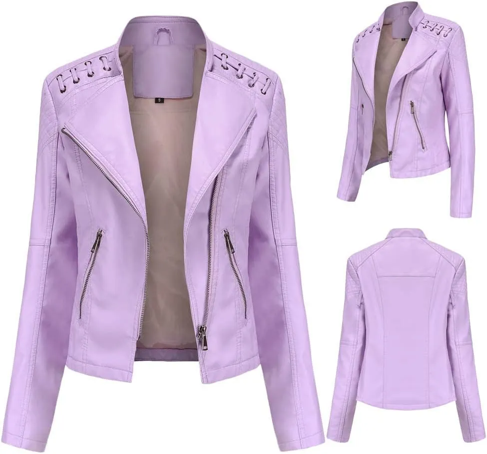 Women's Faux Leather Motorcycle Jacket Casual Fashion Lapel Zip Up Solid Color PU Cropped Biker Coat with Pockets