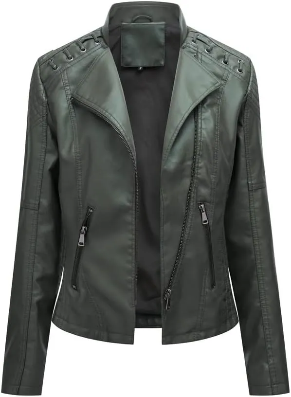 Women's Faux Leather Motorcycle Jacket Casual Fashion Lapel Zip Up Solid Color PU Cropped Biker Coat with Pockets