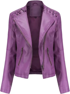 Women's Faux Leather Motorcycle Jacket Casual Fashion Lapel Zip Up Solid Color PU Cropped Biker Coat with Pockets