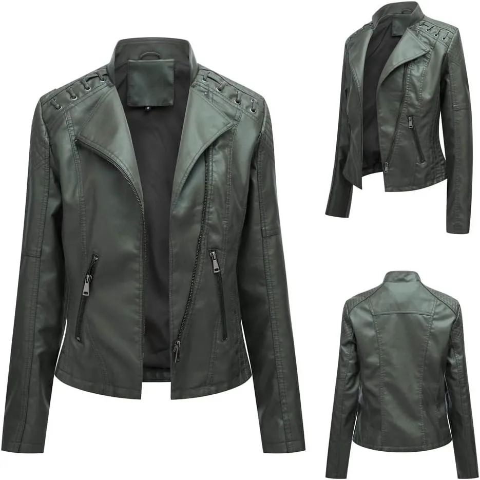 Women's Faux Leather Motorcycle Jacket Casual Fashion Lapel Zip Up Solid Color PU Cropped Biker Coat with Pockets