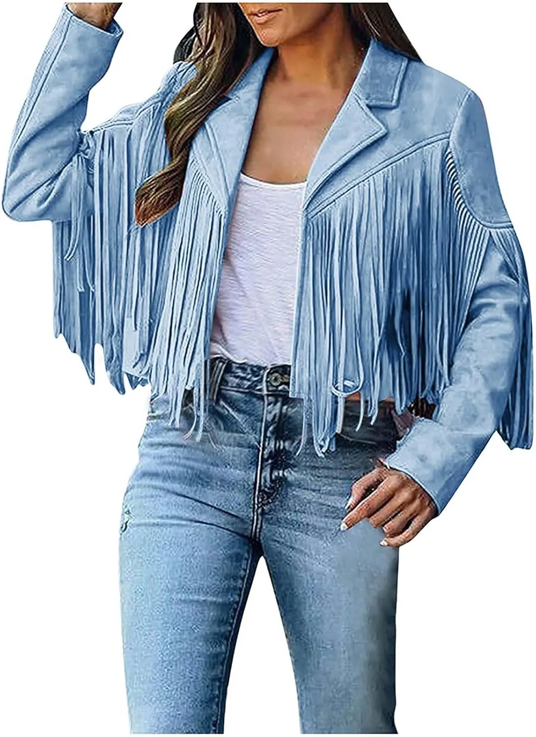 Women's Fringe Faux Suede Leather Jackets Open Front Fashion Tassel Cropped Coat Western Cowboy Jacket Hippie Clothes