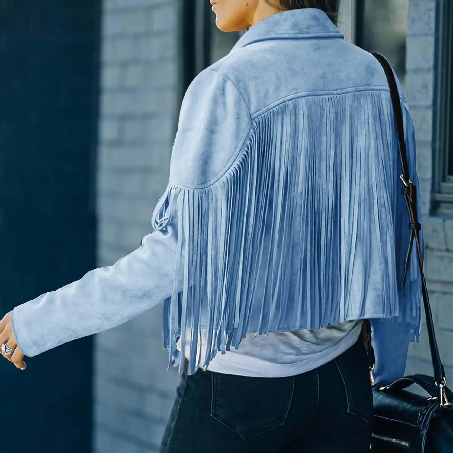 Women's Fringe Faux Suede Leather Jackets Open Front Fashion Tassel Cropped Coat Western Cowboy Jacket Hippie Clothes