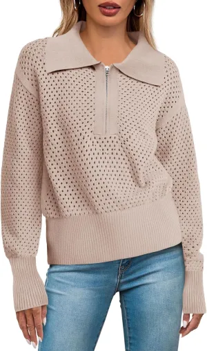 Women's Half Zip Pullover Sweaters Crochet Lapel Collar Long Sleeve Knit Solid Color Jumper Tops