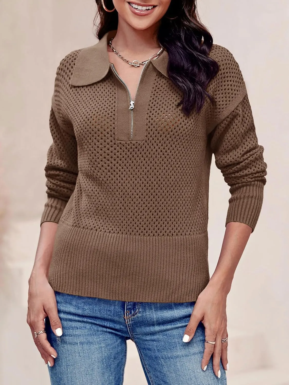 Women's Half Zip Pullover Sweaters Crochet Lapel Collar Long Sleeve Knit Solid Color Jumper Tops