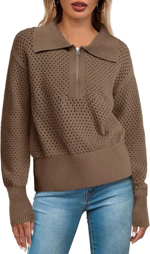 Women's Half Zip Pullover Sweaters Crochet Lapel Collar Long Sleeve Knit Solid Color Jumper Tops