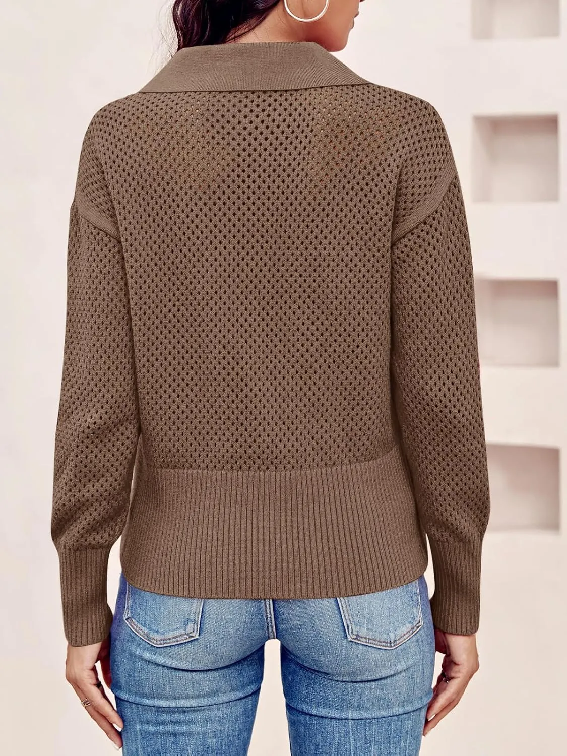 Women's Half Zip Pullover Sweaters Crochet Lapel Collar Long Sleeve Knit Solid Color Jumper Tops