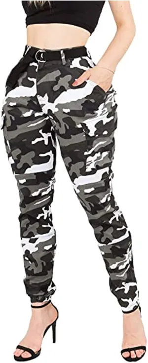 Women's High Waist Cargo Camouflage Pants for with Matching Belt Combat Military Trousers Tapered Pants with Pockets