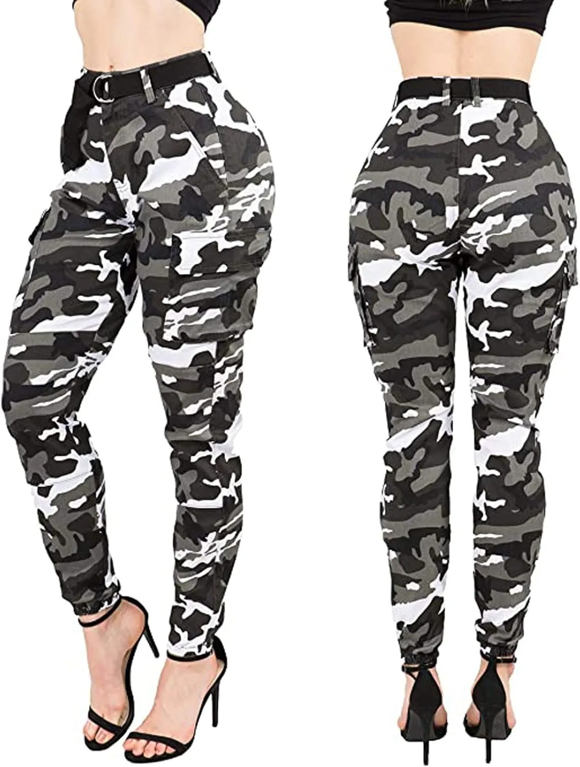Women's High Waist Cargo Camouflage Pants for with Matching Belt Combat Military Trousers Tapered Pants with Pockets