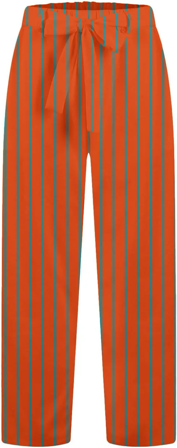 Womens High Waist Casual Linen Pants Adjustable Knot Drawstring Straight Leg Striped Print Lounge Trousers Pockets