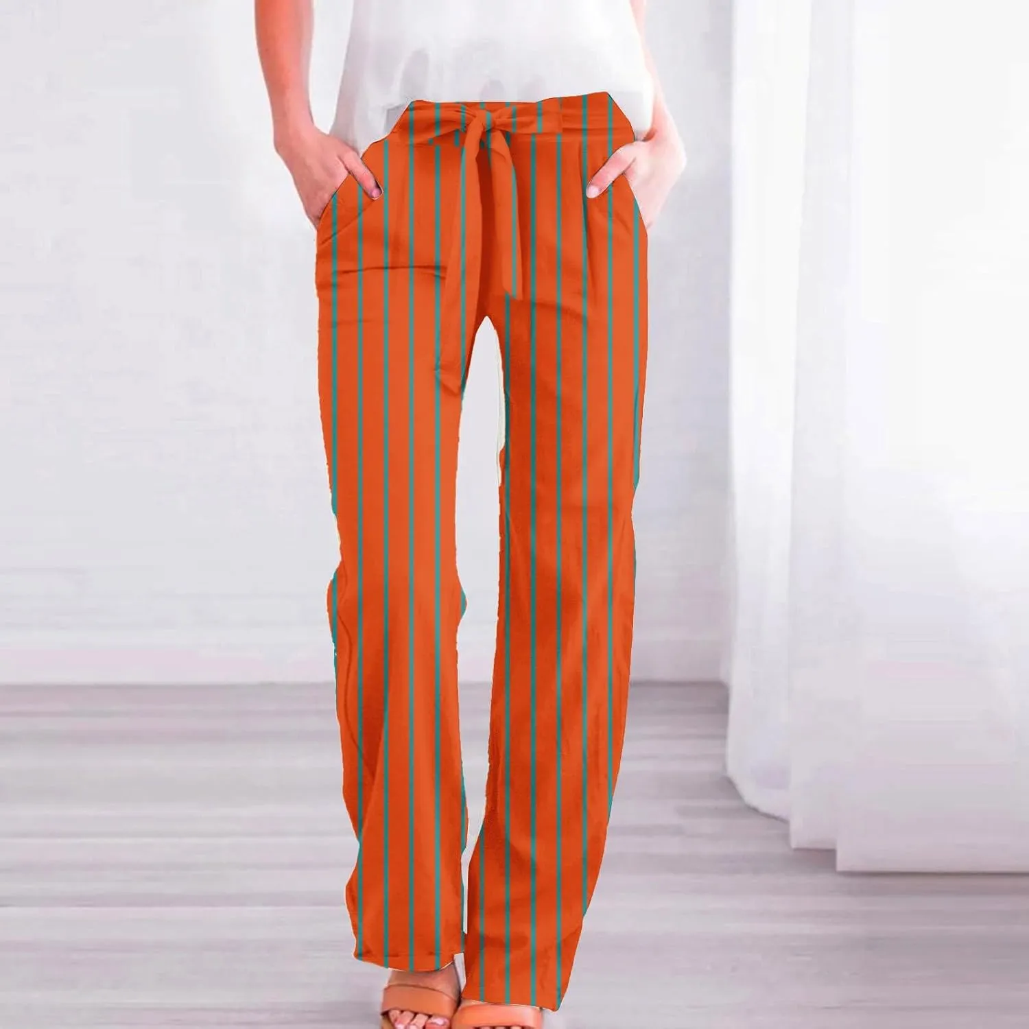Womens High Waist Casual Linen Pants Adjustable Knot Drawstring Straight Leg Striped Print Lounge Trousers Pockets