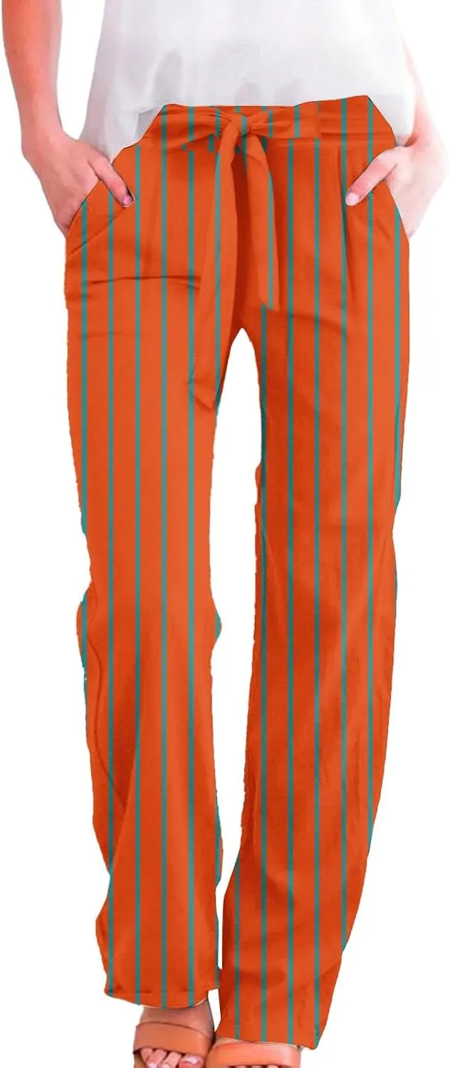 Womens High Waist Casual Linen Pants Adjustable Knot Drawstring Straight Leg Striped Print Lounge Trousers Pockets