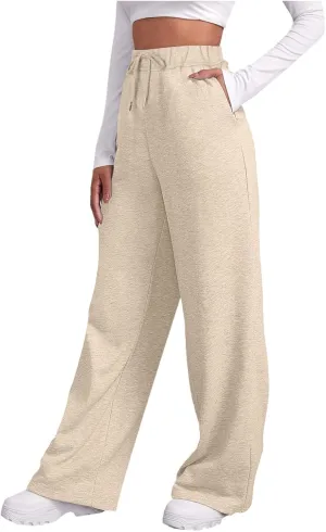 Women's High Waisted Sweatpants Drawstring Baggy Elastic Waist Straight Wide Leg Track Pants Stretchy Loose Trousers