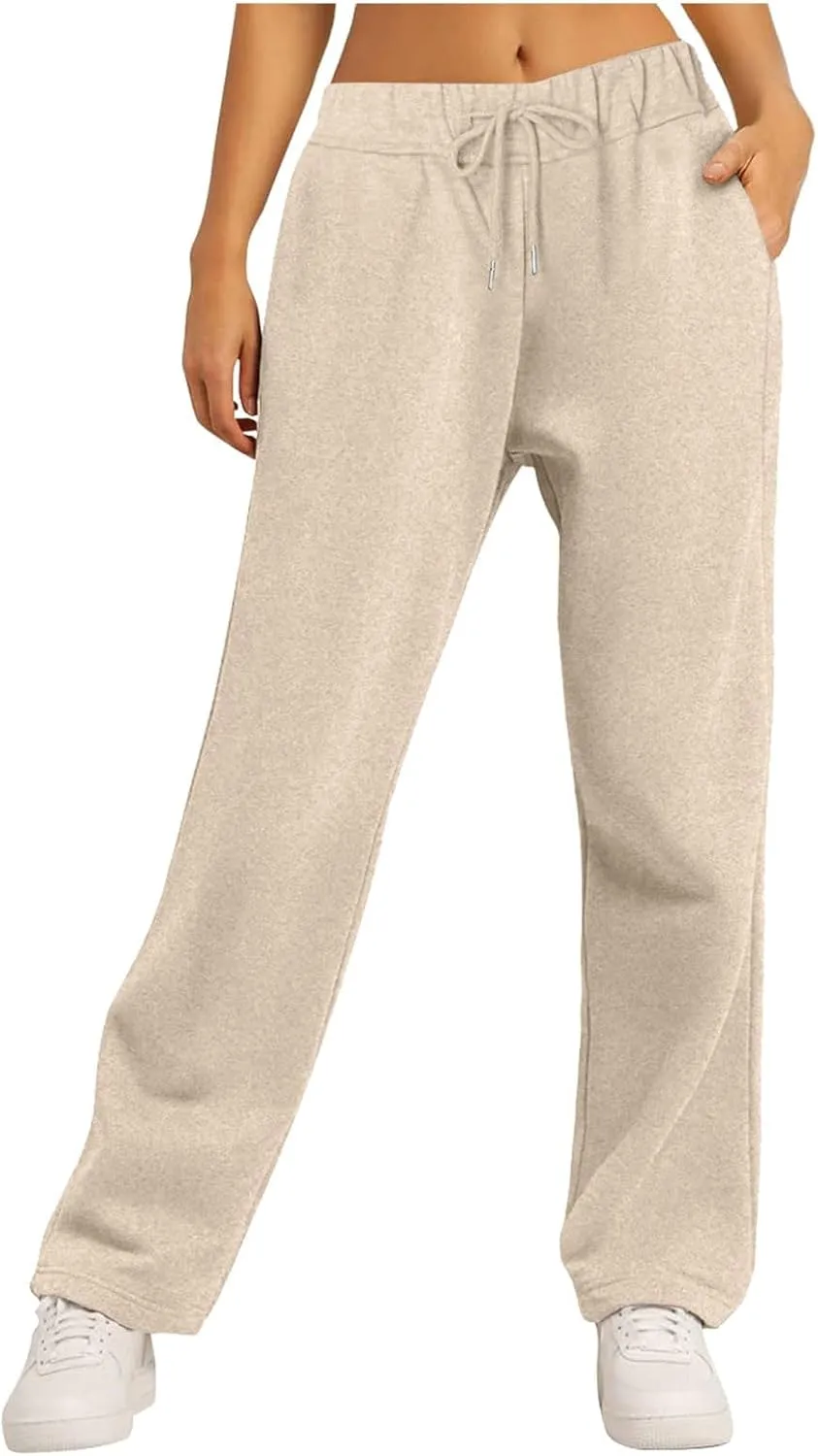 Women's High Waisted Sweatpants Drawstring Baggy Elastic Waist Straight Wide Leg Track Pants Stretchy Loose Trousers