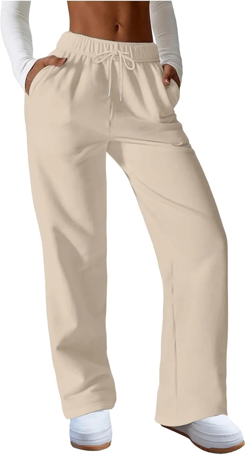 Women's High Waisted Sweatpants Drawstring Baggy Elastic Waist Straight Wide Leg Track Pants Stretchy Loose Trousers