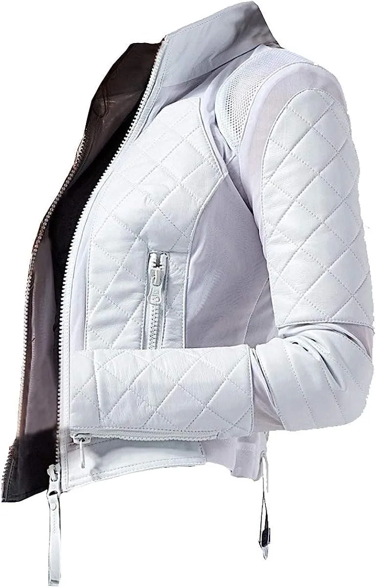 Womens Lambskin Leather Diamond Quilted Moto Riding Lace-up Motorcycle White Slim Fir Genuine Biker Leather Jacket