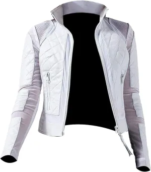 Womens Lambskin Leather Diamond Quilted Moto Riding Lace-up Motorcycle White Slim Fir Genuine Biker Leather Jacket
