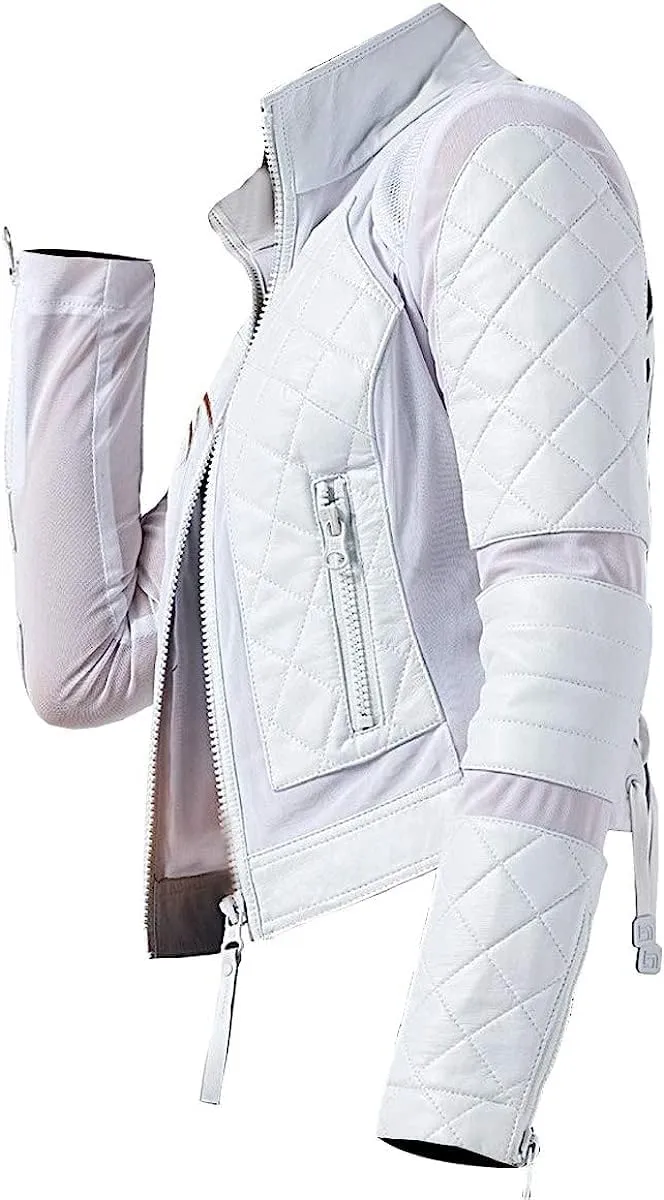 Womens Lambskin Leather Diamond Quilted Moto Riding Lace-up Motorcycle White Slim Fir Genuine Biker Leather Jacket