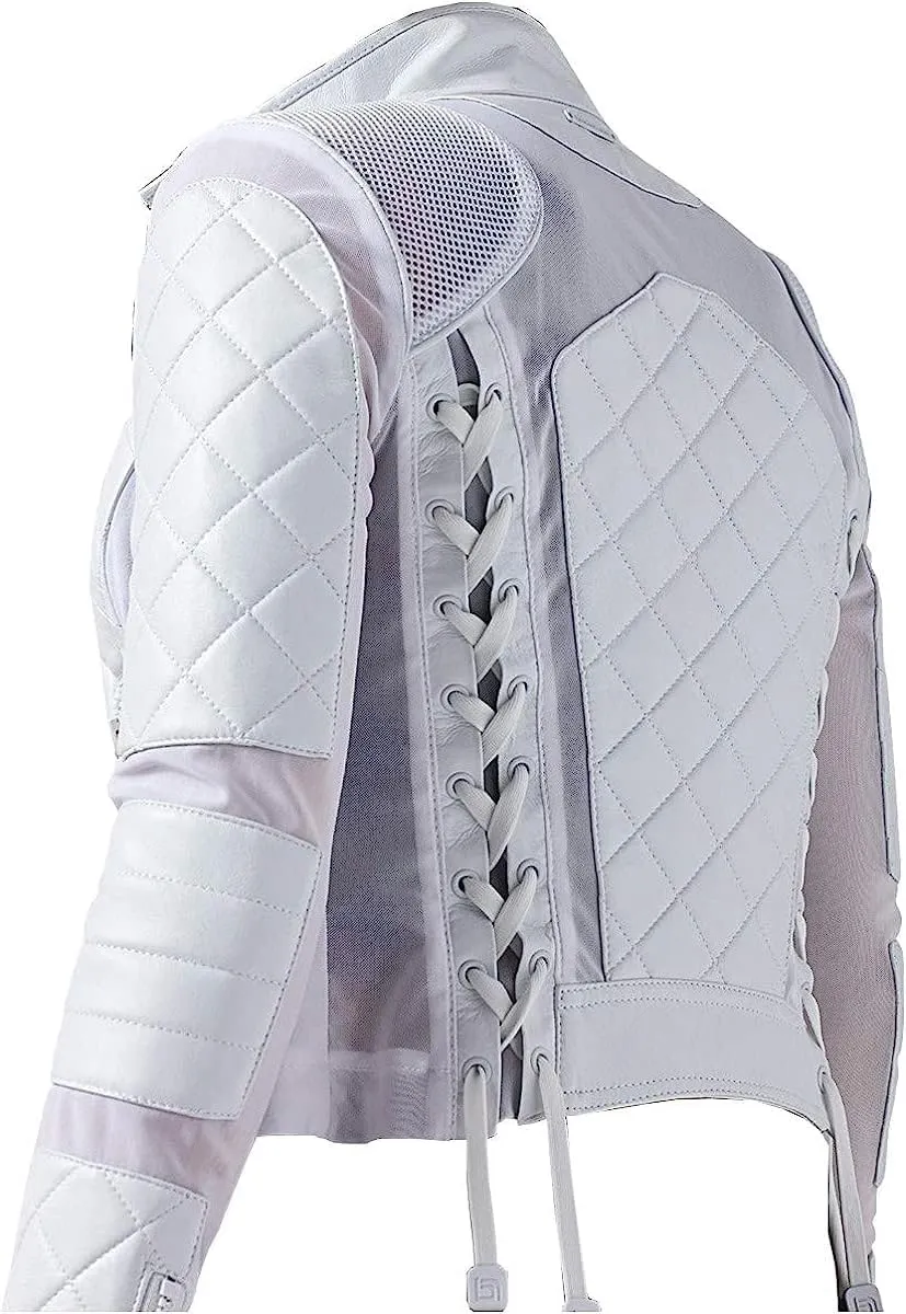 Womens Lambskin Leather Diamond Quilted Moto Riding Lace-up Motorcycle White Slim Fir Genuine Biker Leather Jacket