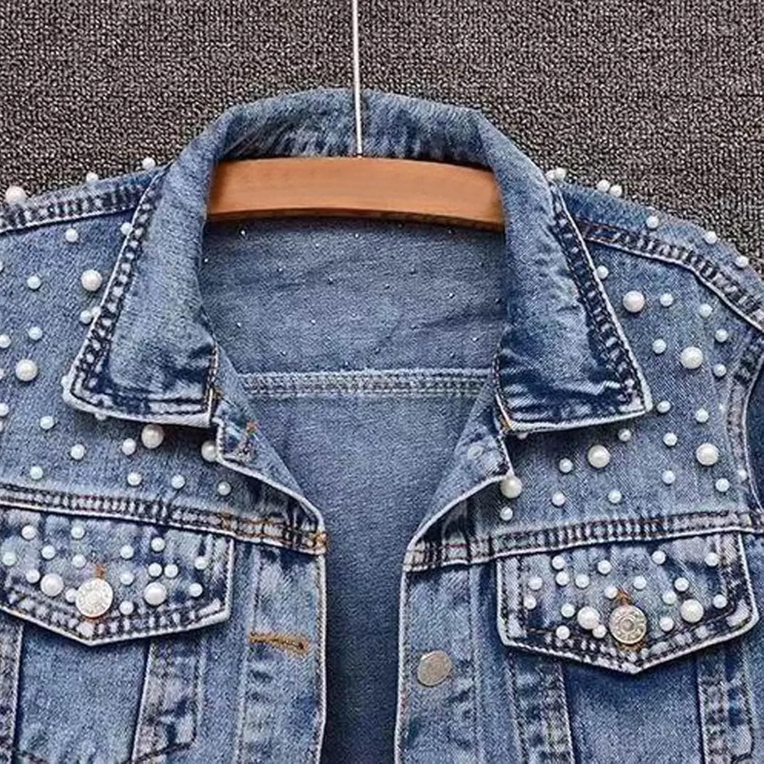 Women's Large Denim Jacket Embroidered Pearl Beaded Denim Jacket Coat Jean Jacket Short Sleeve