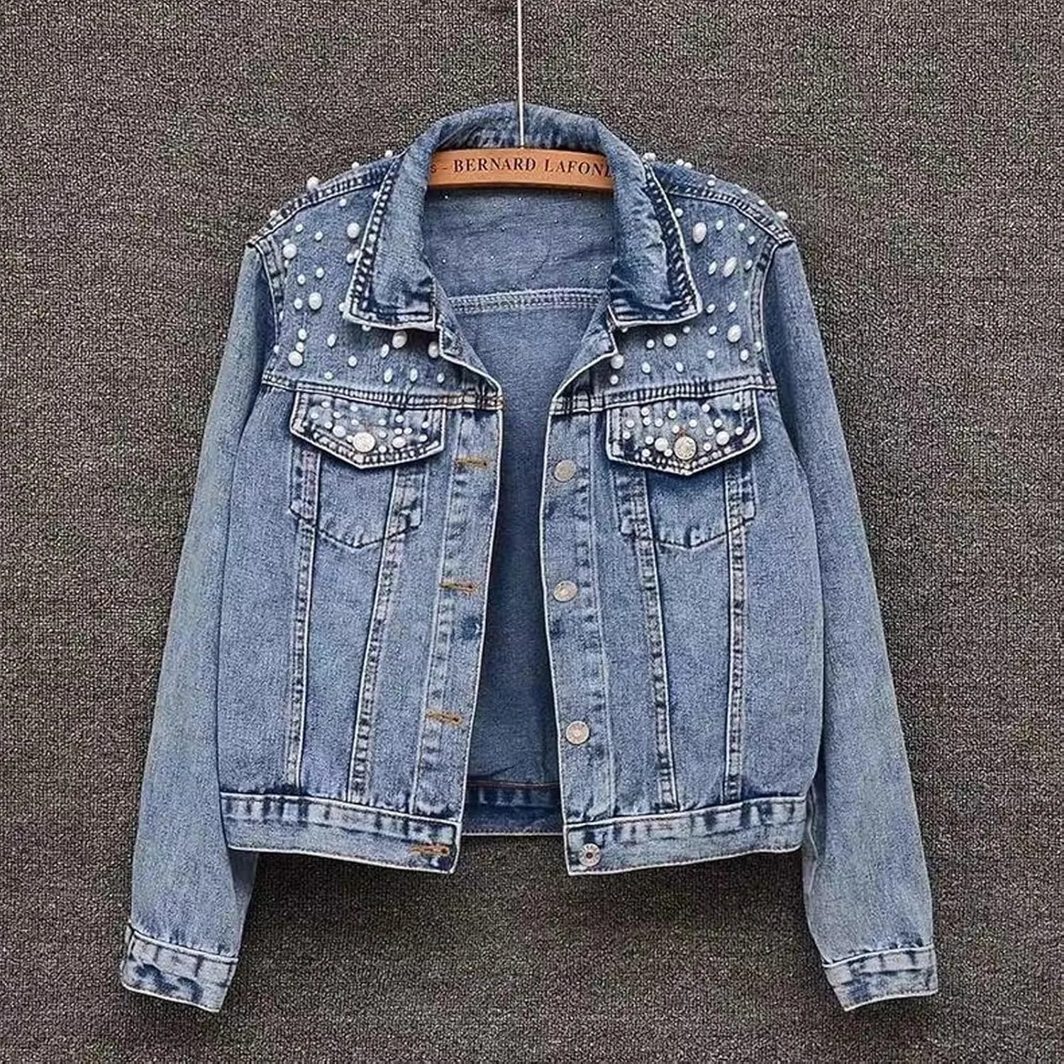 Women's Large Denim Jacket Embroidered Pearl Beaded Denim Jacket Coat Jean Jacket Short Sleeve