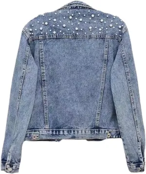 Women's Large Denim Jacket Embroidered Pearl Beaded Denim Jacket Coat Jean Jacket Short Sleeve
