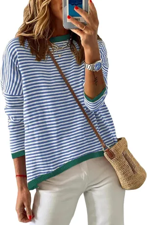 Womens Lightweight Cotton Sweaters Long Sleeve Crew Neck Color Block Striped Casual Knitted Pullover Tops