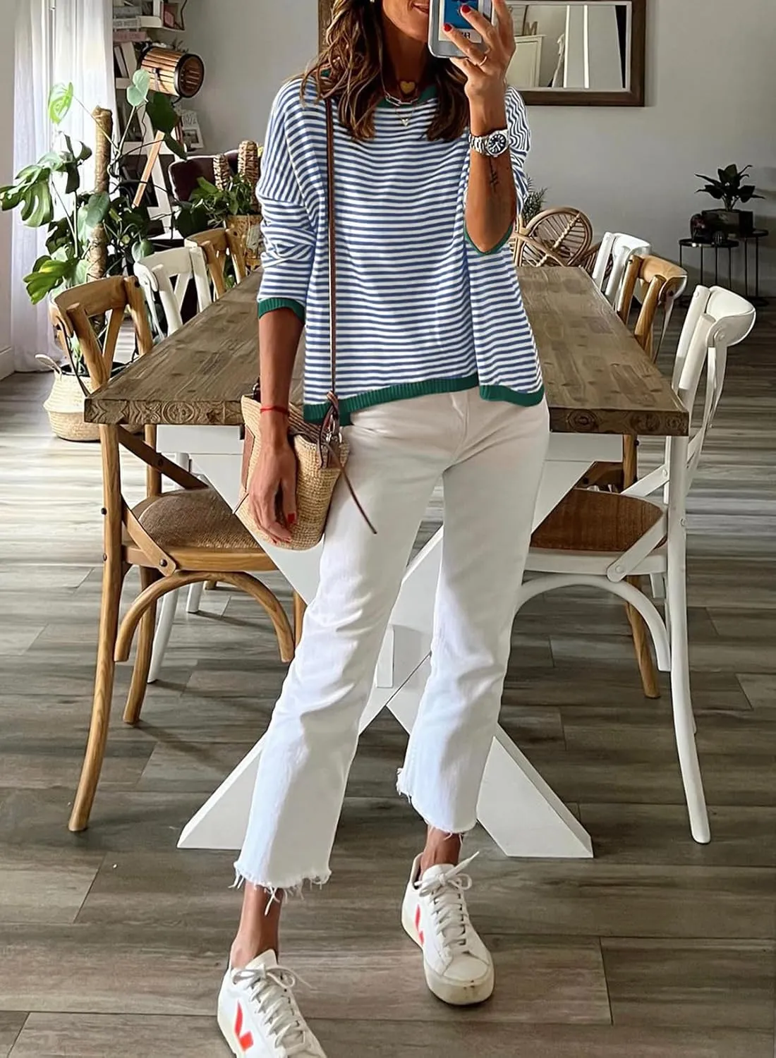 Womens Lightweight Cotton Sweaters Long Sleeve Crew Neck Color Block Striped Casual Knitted Pullover Tops