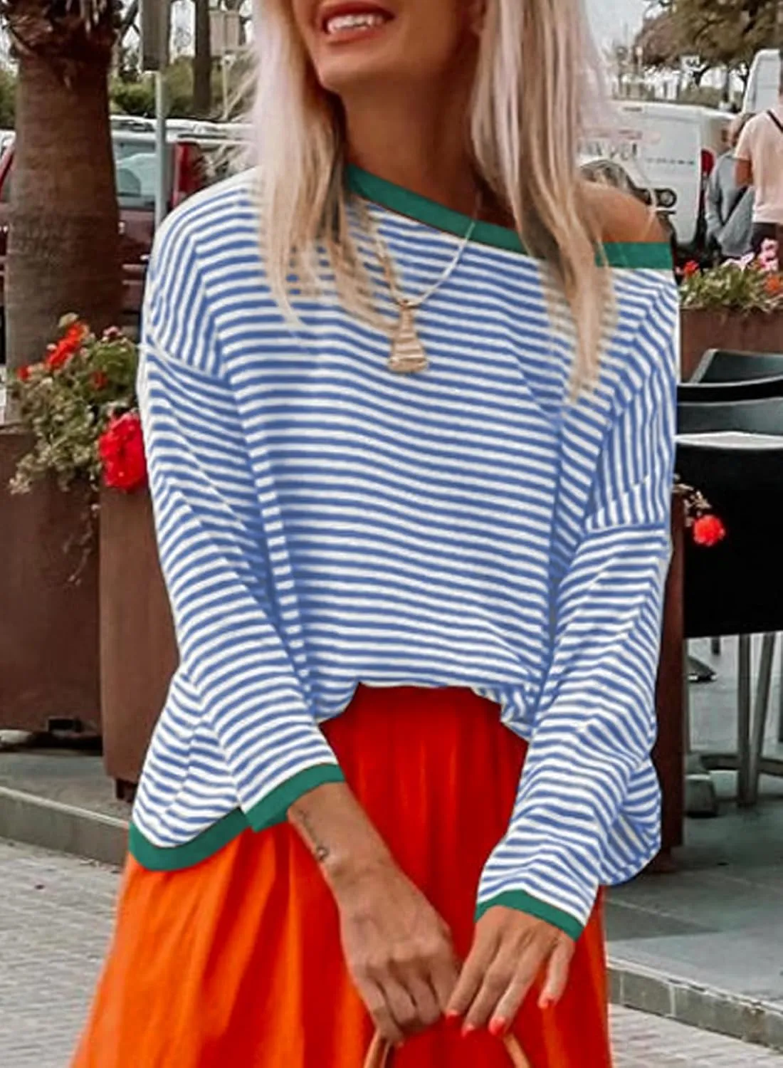 Womens Lightweight Cotton Sweaters Long Sleeve Crew Neck Color Block Striped Casual Knitted Pullover Tops