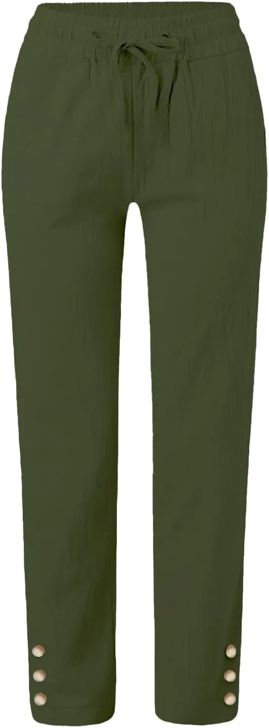 Women's Linen Capri Pants Elastic Pants Long Drawstring Linen Women Waist Comfy Gauze Casual Lightweight Loose