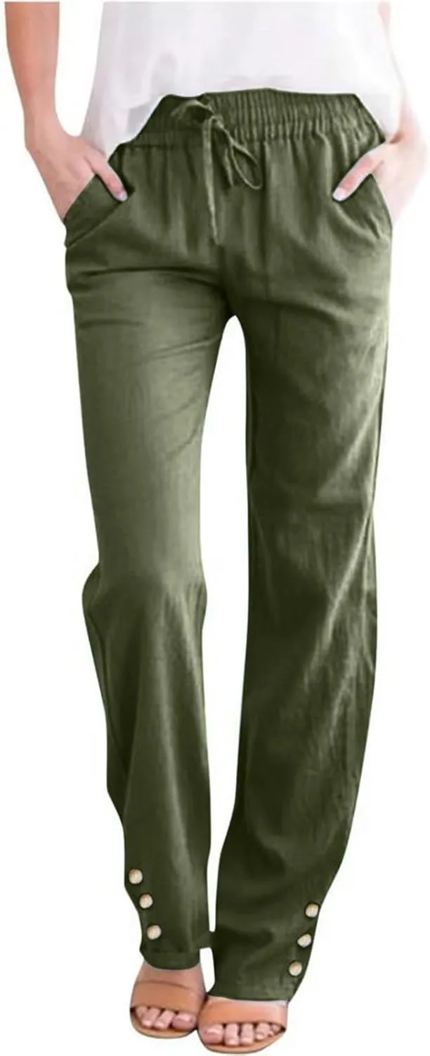 Women's Linen Capri Pants Elastic Pants Long Drawstring Linen Women Waist Comfy Gauze Casual Lightweight Loose