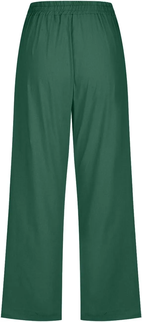 Womens Linen Cropped Pants Casual Drawstring Elastic Waist Wide Leg Trousers Summer Straight Capri Pants with Pockets