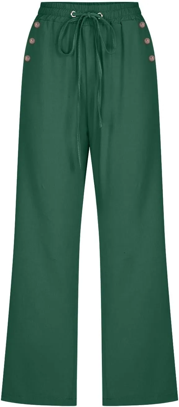 Womens Linen Cropped Pants Casual Drawstring Elastic Waist Wide Leg Trousers Summer Straight Capri Pants with Pockets