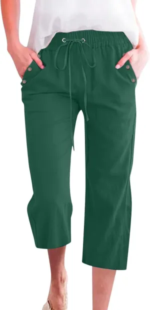 Womens Linen Cropped Pants Casual Drawstring Elastic Waist Wide Leg Trousers Summer Straight Capri Pants with Pockets
