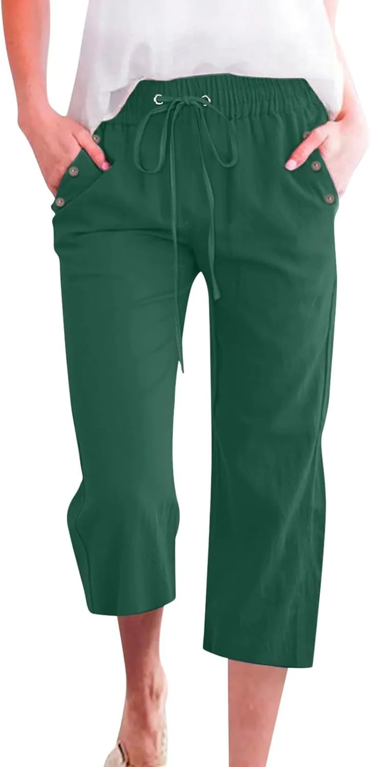 Womens Linen Cropped Pants Casual Drawstring Elastic Waist Wide Leg Trousers Summer Straight Capri Pants with Pockets
