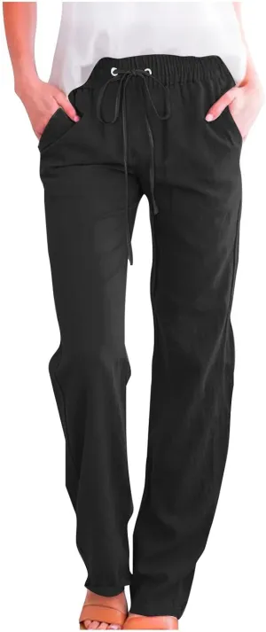 Womens Linen Pants Casual 2025 Summer High Waisted Drawstring Lounge Trousers Beach Straight Wide Leg Joggers Pants
