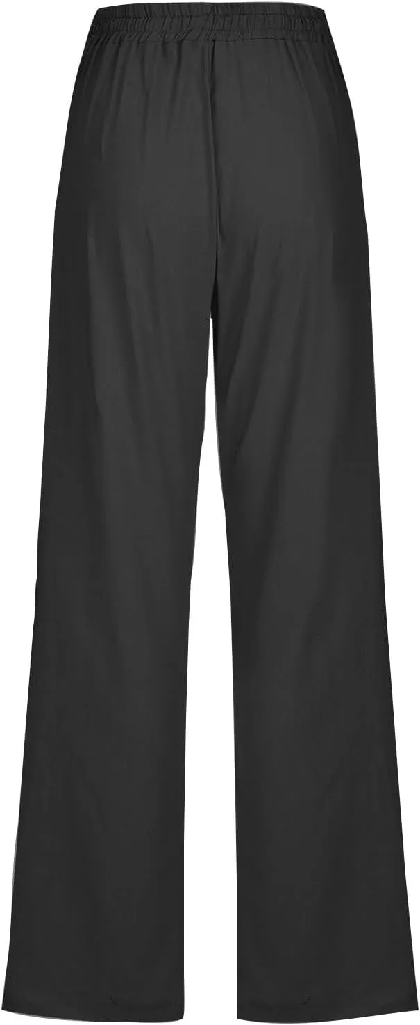 Womens Linen Pants Casual 2025 Summer High Waisted Drawstring Lounge Trousers Beach Straight Wide Leg Joggers Pants