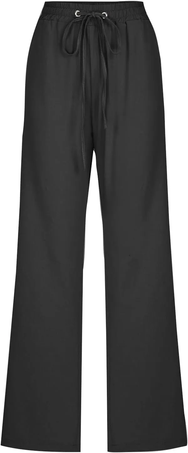 Womens Linen Pants Casual 2025 Summer High Waisted Drawstring Lounge Trousers Beach Straight Wide Leg Joggers Pants