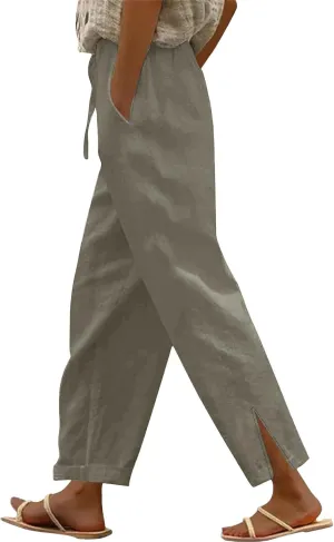 Womens Linen Pants Summer 2025 High Waist Casual Beach Capri Side Split Drawstring Lightweight Lounge Trousers
